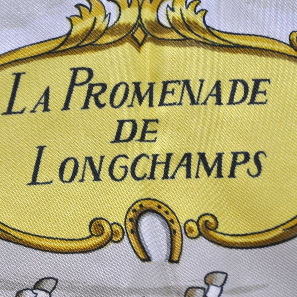 Authentic HERMES Carre 90 Scarf "LA PROMENADE DE LONGCHAMPS" Silk Blue - Picture 7 of 12